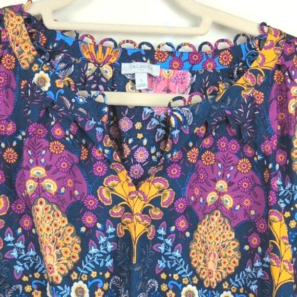 Talbot's Pleated Sleeve Poplin Blouse Top In Floral Medallion Size L - Picture 6 of 10